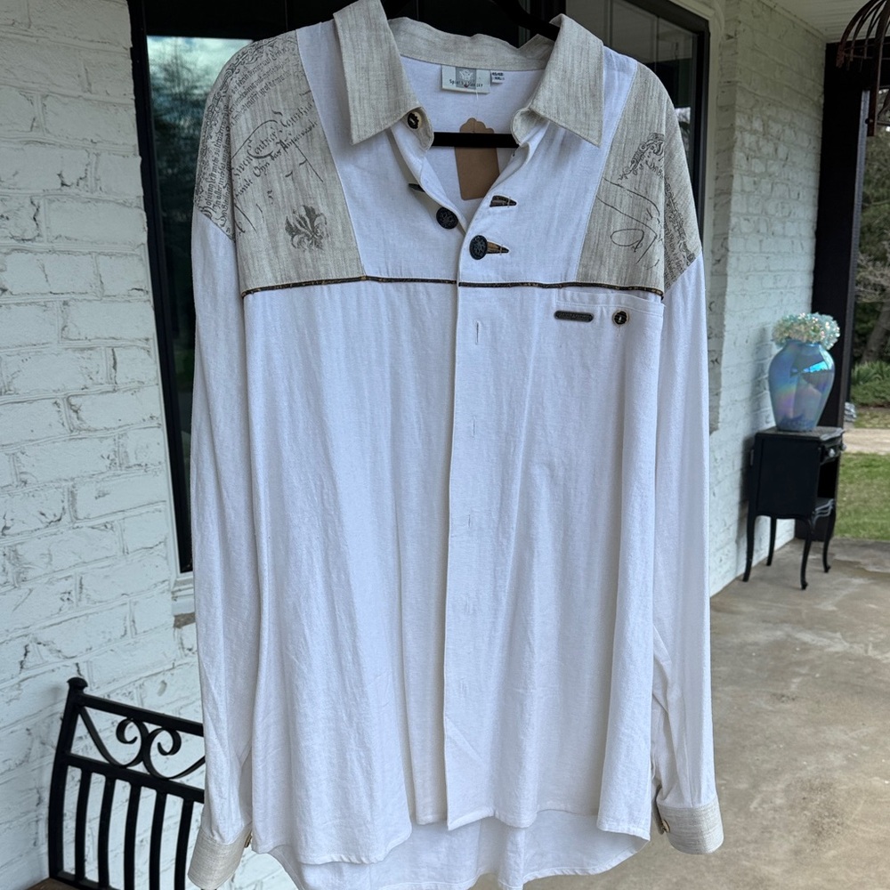 Spieth & Wensky Lightweight Country white button -Up Shirt with Beige Printed